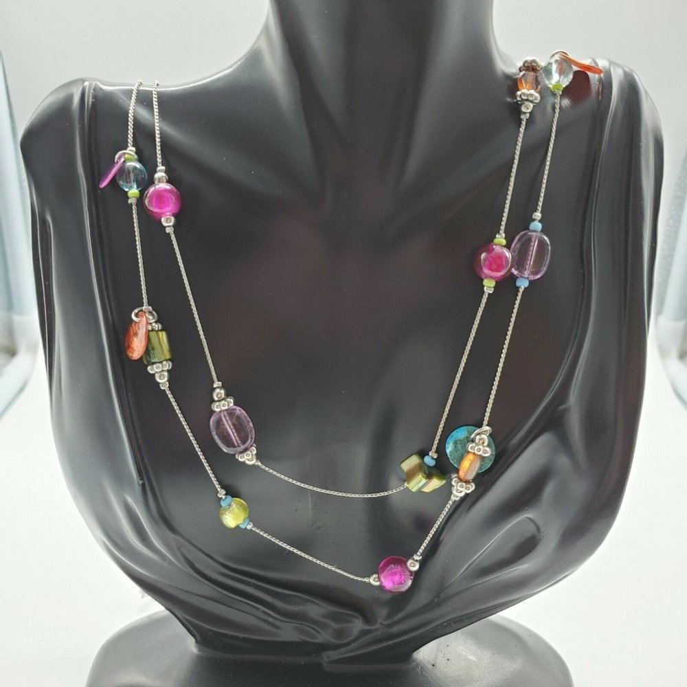 Silver Tone Chain Double Strand Beaded Shell Chip Necklace Disc Boho Purple Blue